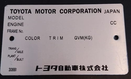 Vin plate toyota hiace - hiace, hilux